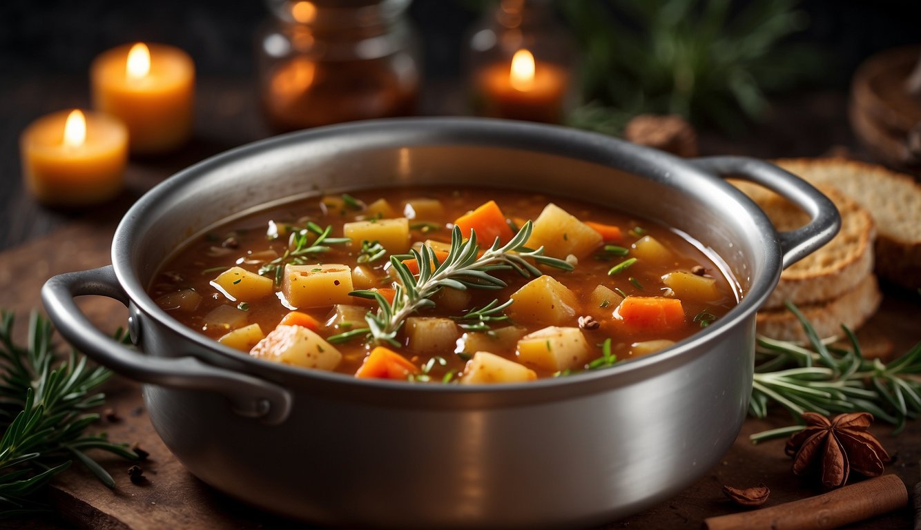 A pot of simmering stew with rosemary, thyme, and bay leaves. A sprinkle of cinnamon and cloves on a gingerbread house