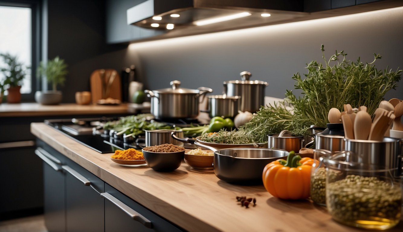 A modern kitchen with traditional herbs and spices on a sleek countertop, surrounded by contemporary cookware and utensils
