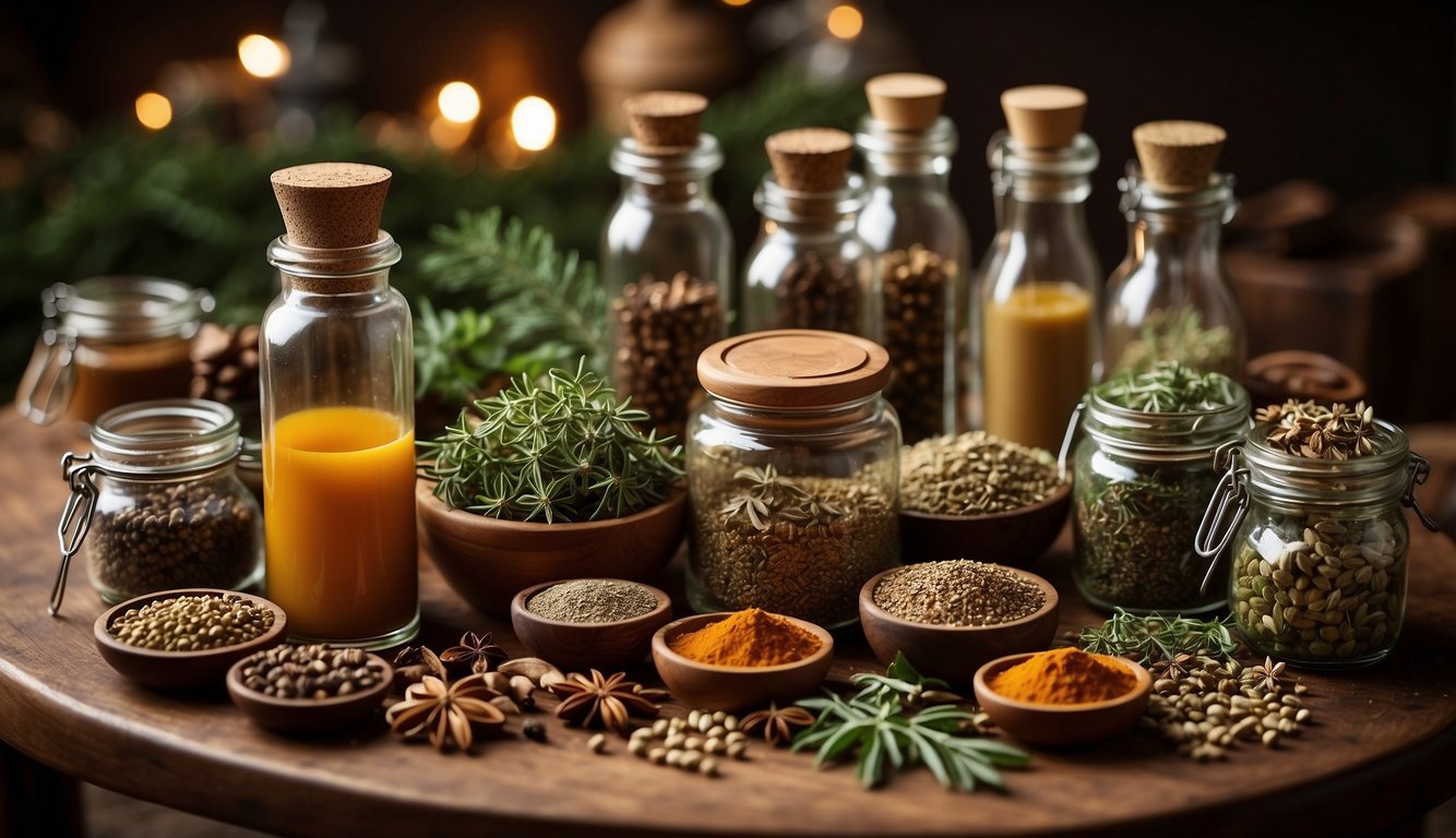 A table displays various herbs and spices with a Christmas theme. Labels read "Frequently Asked Questions Christmas Herbs and Spices."
