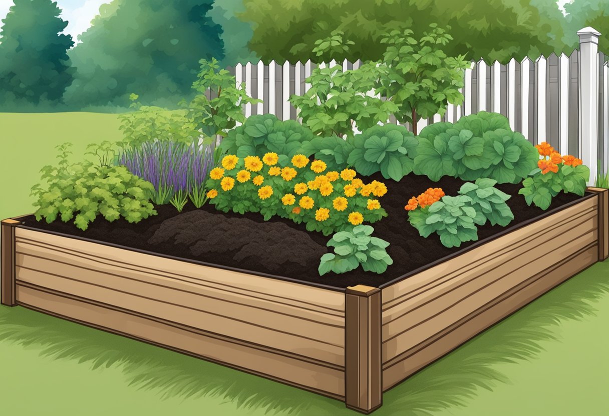 A raised garden bed with soil, mulch, and compost at the bottom. A layer of landscape fabric to prevent weeds