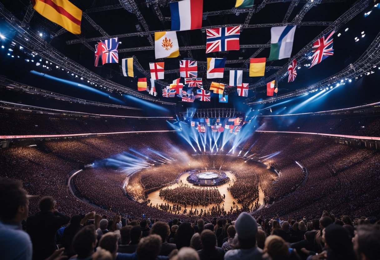 A crowded arena with flags waving, lights flashing, and people cheering as performers take the stage for EuroVision 2024
