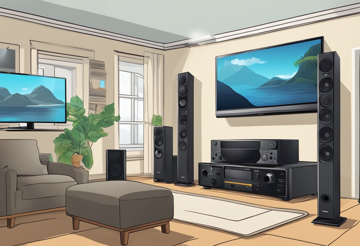 A NAS is connected to a home theater system, with cables running from the NAS to the TV and sound system. Media files are being streamed from the NAS to the TV, creating a seamless and high-quality viewing experience