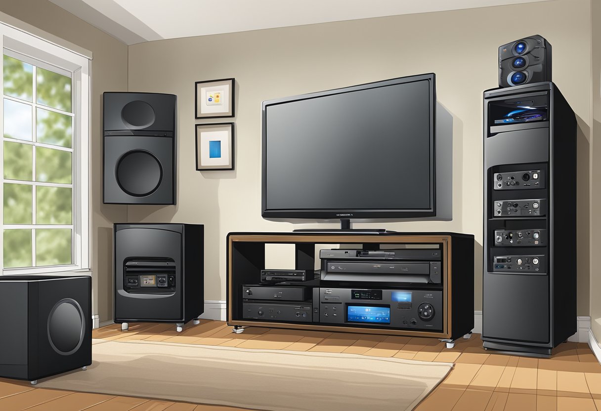 A NAS sits next to a home theater system, connecting to various media devices. It provides secure storage and easy access to a vast media library, enhancing the entertainment experience