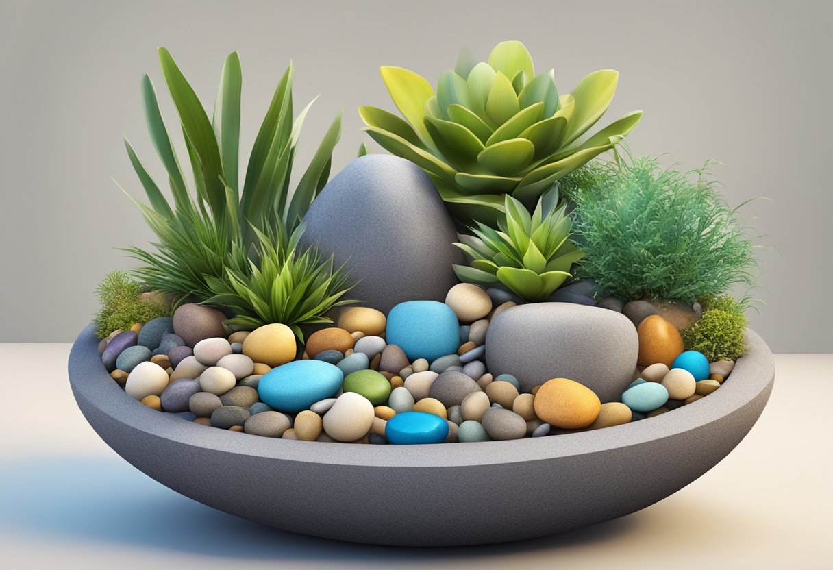 A planter filled with colorful stones, decorative pebbles, and small sculptures