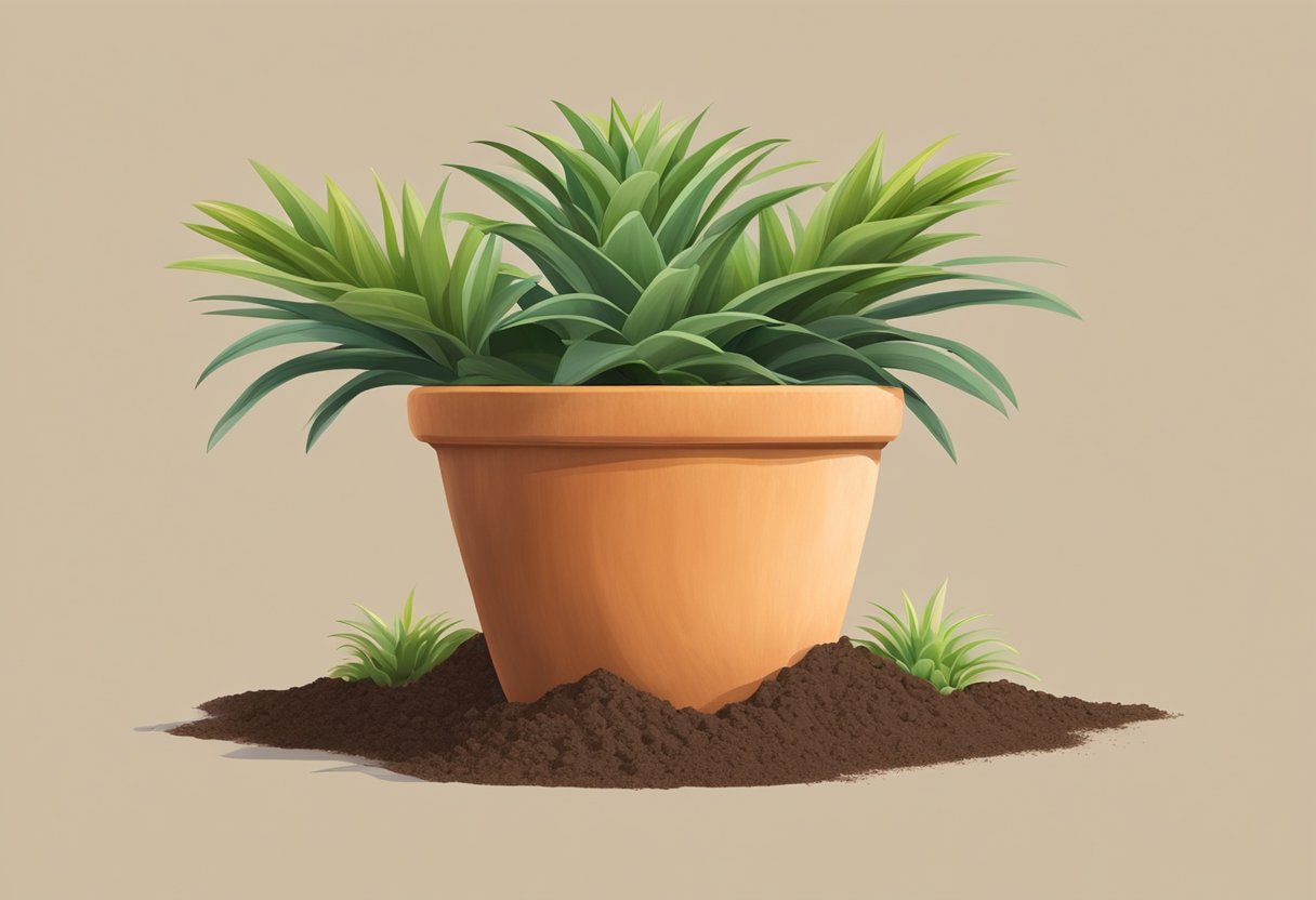 A medium-sized terracotta pot with a drainage hole, filled with rich, well-draining soil, and a healthy, green pineapple plant growing in the center