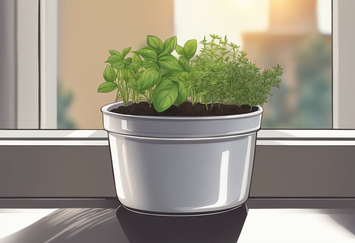 A small, round pot with soil, filled with various herbs like basil, rosemary, and thyme, placed on a sunny windowsill