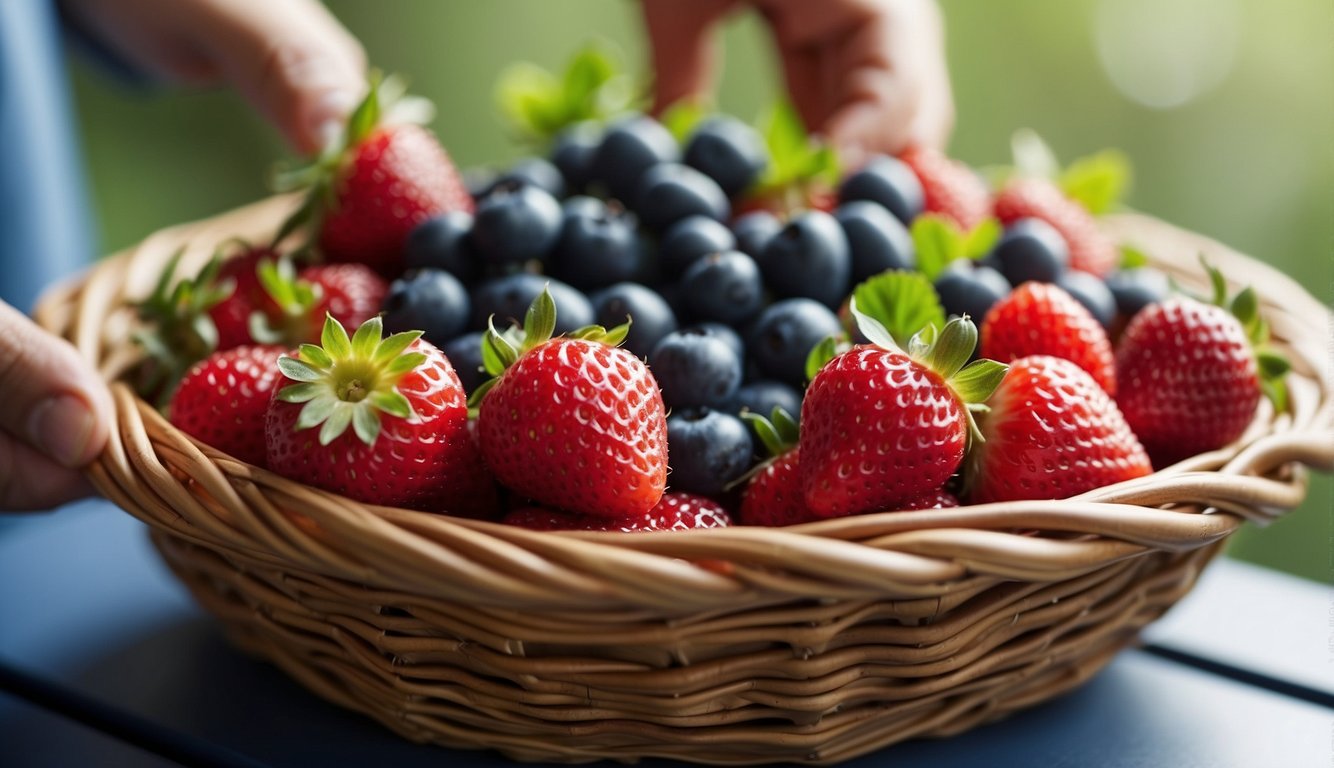 Ripe strawberries, raspberries, and blueberries being picked and placed in a basket. Some fruits are being crushed to make jam and others are being used in a fresh fruit salad