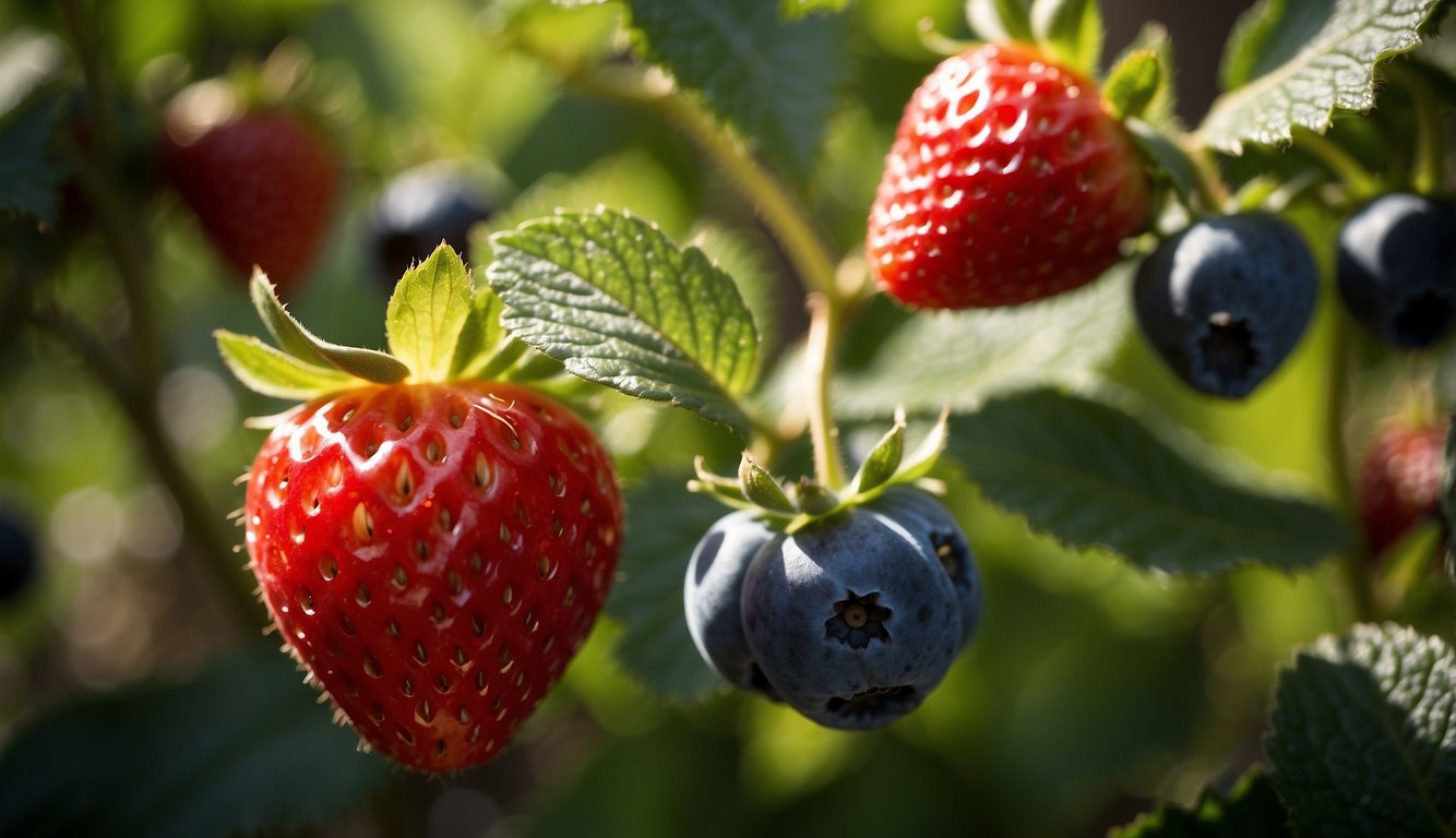 Lush garden with ripe strawberries, blueberries, and raspberries. Sunlight filters through the leaves, casting dappled shadows on the vibrant fruit