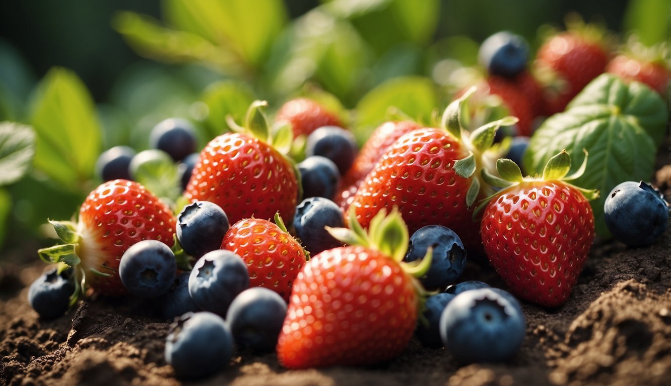 Lush garden with various soft fruits: strawberries, raspberries, and blueberries growing in rich soil under the warm sun
