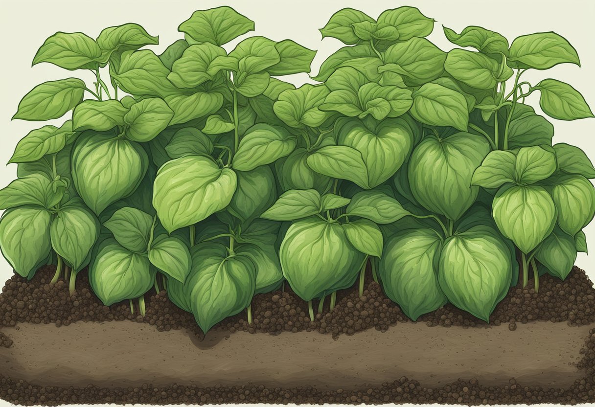 A large, sturdy grow bag filled with rich soil, with several healthy cucumber plants growing tall and spreading out their vibrant green leaves