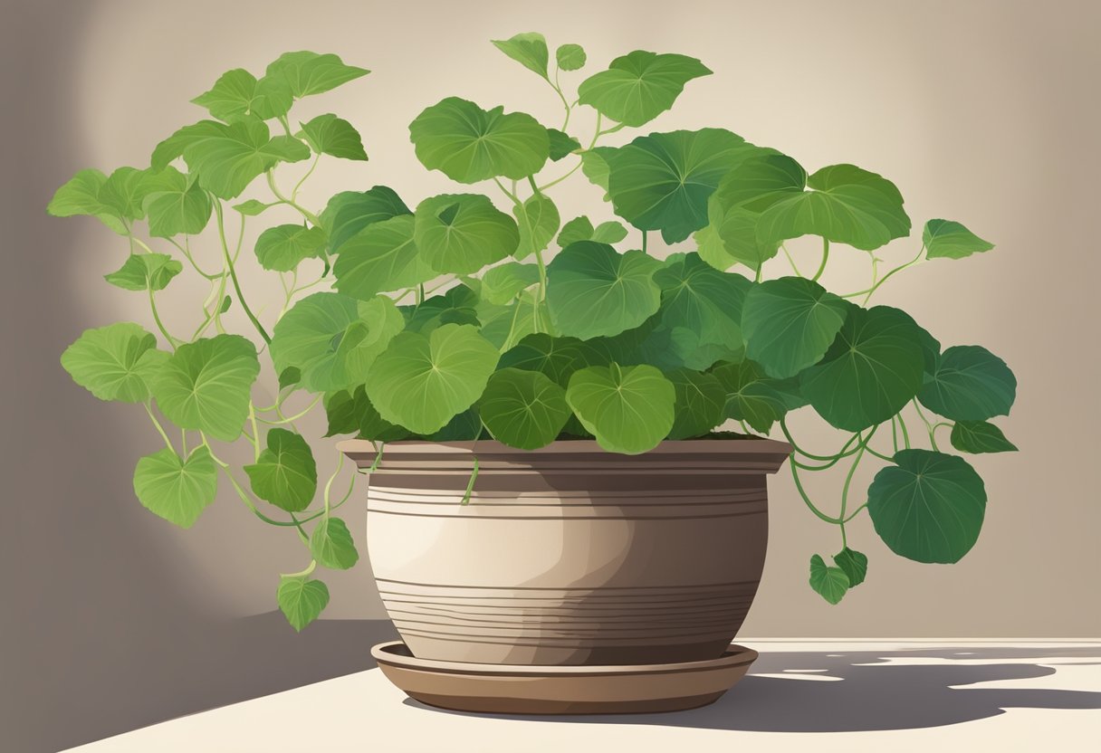 A medium-sized clay pot with a diameter of 12 inches, filled with rich, well-draining soil. A healthy cucumber plant with vibrant green leaves and tendrils reaching out, growing upwards towards a trellis for support