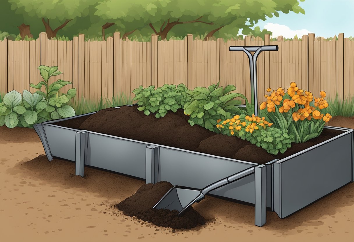 A raised bed being filled with rich, dark soil, compost, and organic matter by a gardener using a shovel and wheelbarrow