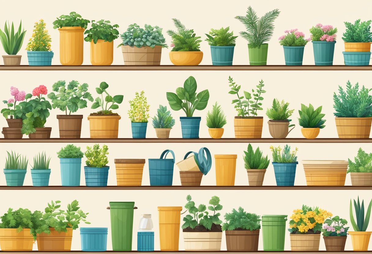 A variety of containers: baskets, jars, cans, or buckets, are arranged with soil and plants