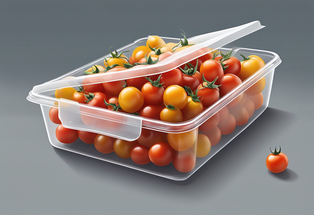 A medium-sized clear plastic container filled with ripe cherry tomatoes