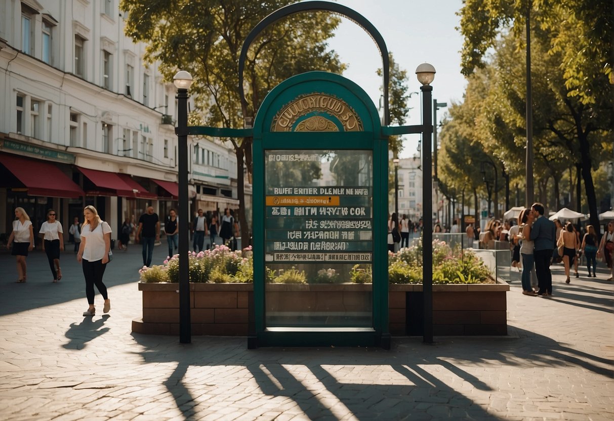 A bustling city square with a prominent sign reading "Frequently Asked Questions Travel Guide to Burgas," surrounded by tourists and locals seeking information