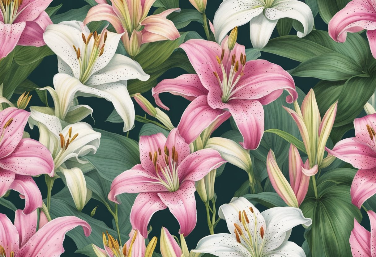 A stargazer lily stands tall with vibrant pink and white petals, adorned with speckles and a sweet, intoxicating fragrance. The flower's long, slender stems support multiple blooms, each with a delicate, elegant appearance