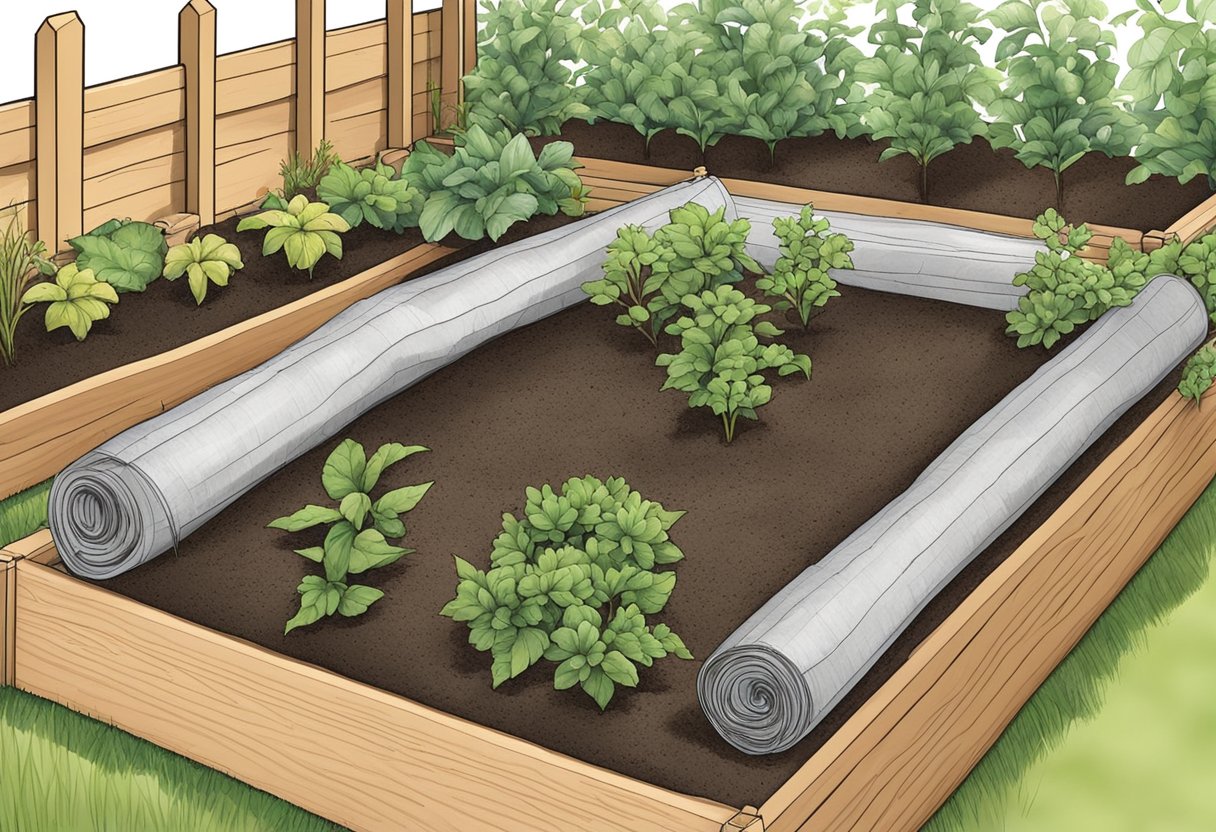 A variety of liners, such as landscape fabric or plastic, lay at the bottom of a raised garden bed, ready to be installed