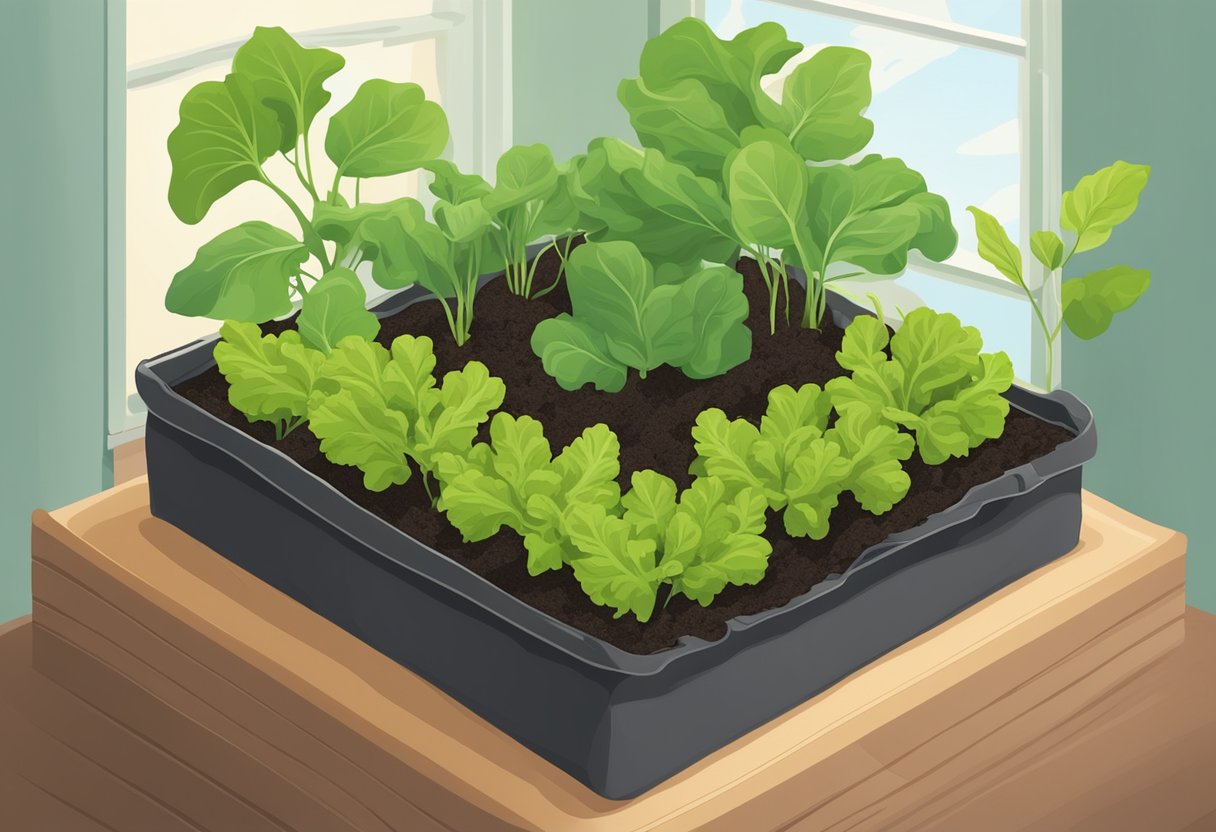 A large grow bag filled with soil, with a young lettuce plant growing in the center, surrounded by other plants
