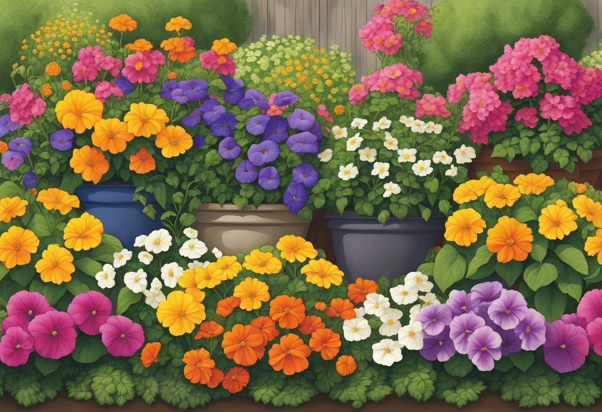 A large planter filled with vibrant flowers and lush greenery, such as petunias, marigolds, and trailing vines, creating a beautiful and colorful display