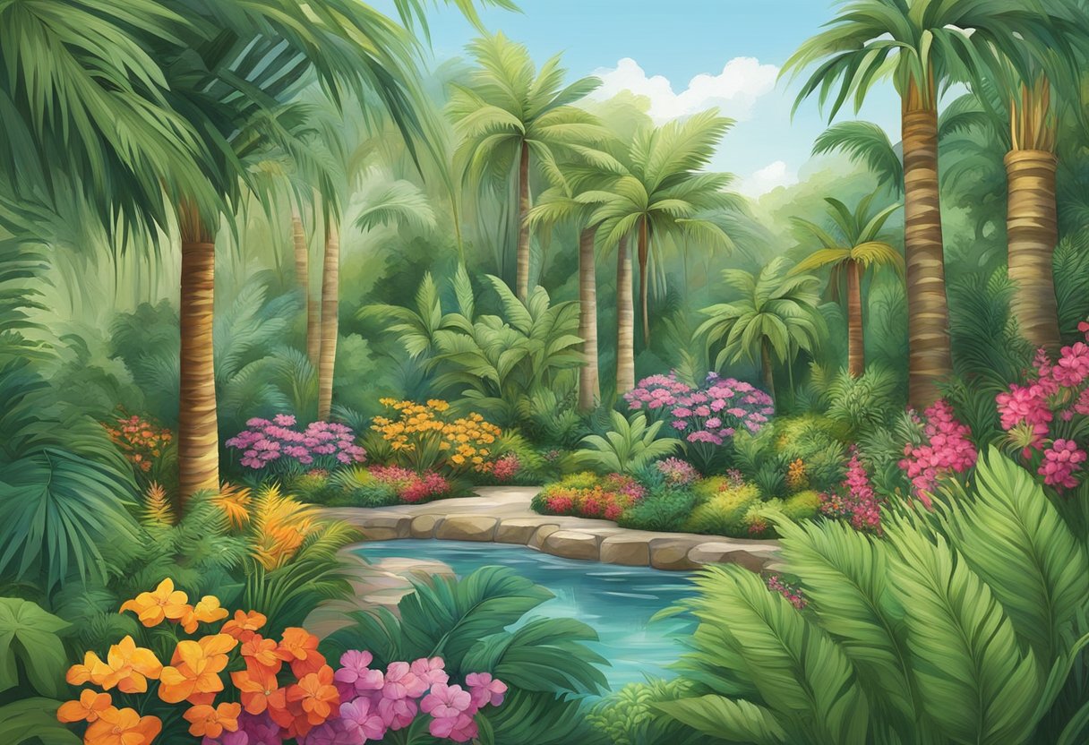 Lush greenery surrounds tall palm trees in a tropical garden. Vibrant flowers, ferns, and small shrubs are planted around the base of the trees, creating a colorful and diverse landscape