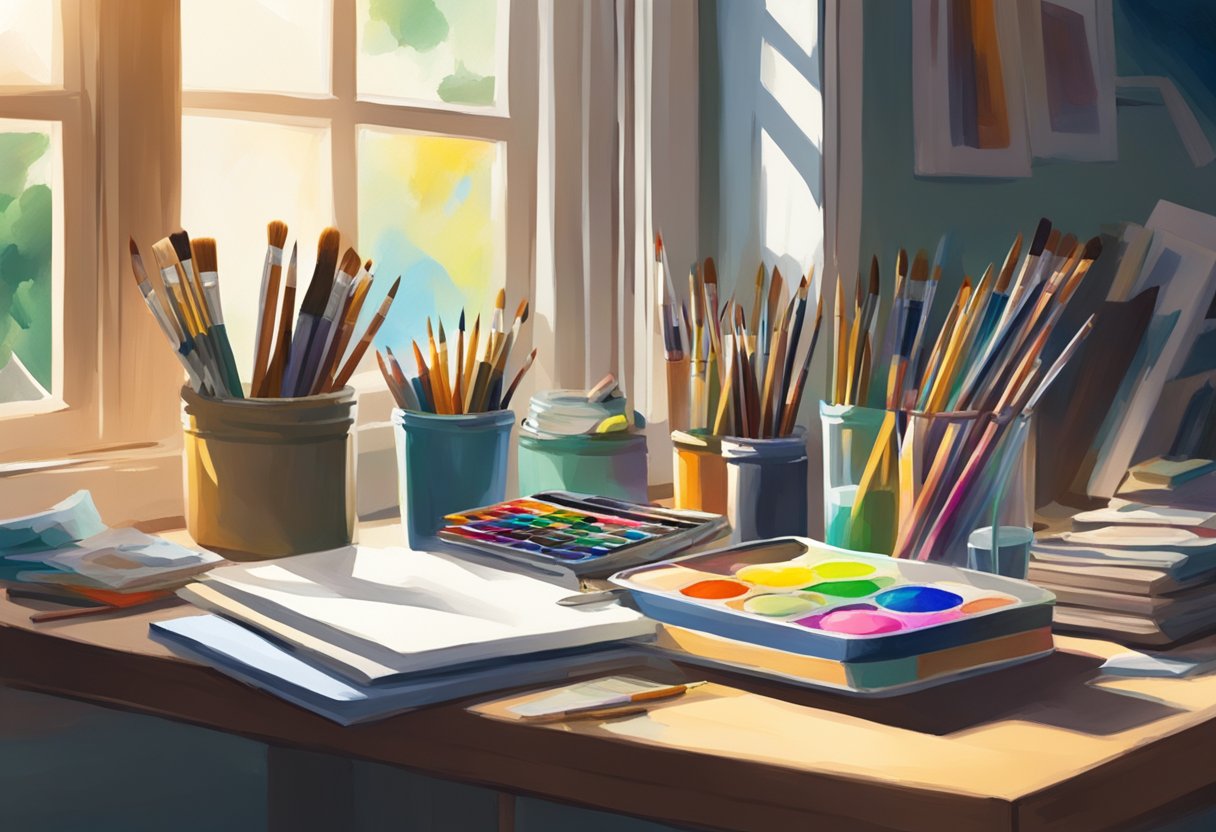 A table covered in various art supplies, including paintbrushes, paints, pencils, sketchbooks, and palettes. Light filters in through a nearby window, casting soft shadows on the supplies