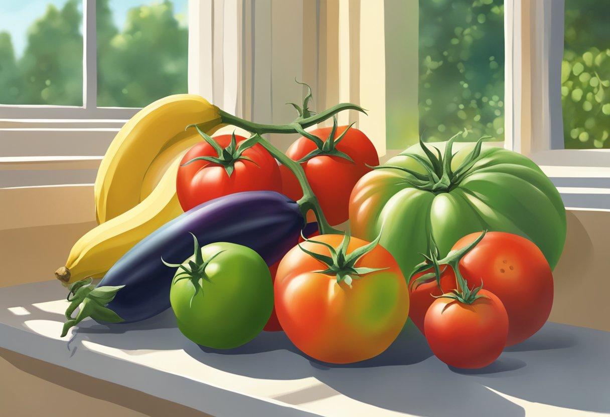 Tomatoes sit on a sunny windowsill, slowly changing from green to red, surrounded by ethylene-producing fruits like bananas