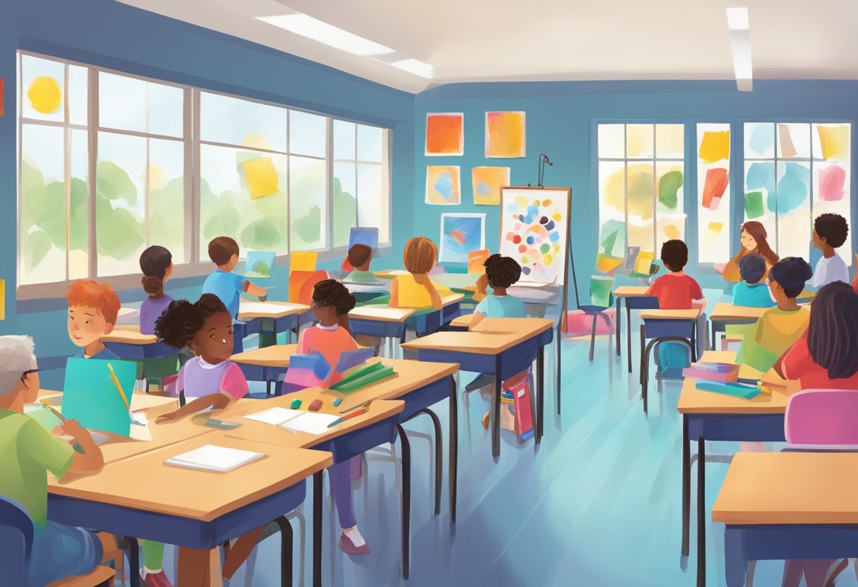 A classroom filled with colorful art supplies, students engaged in creative projects, and teachers guiding and supporting their artistic exploration
