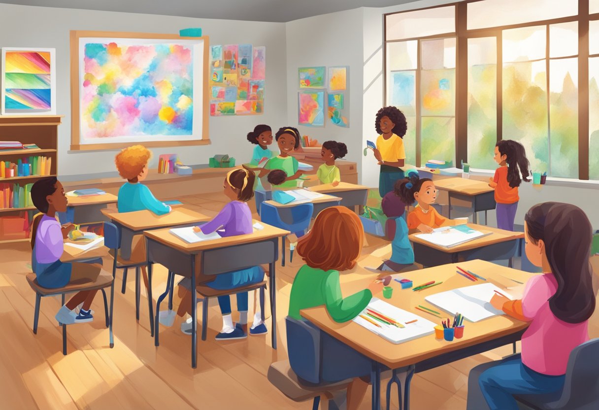 A classroom with vibrant art supplies and students engaged in creative activities, while teachers guide and encourage artistic expression