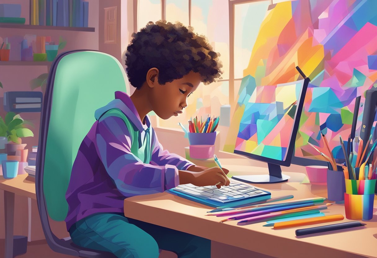 A child sits at a desk, surrounded by digital art tools. A computer screen displays a colorful, imaginative artwork. The child is engrossed in creating their own digital masterpiece