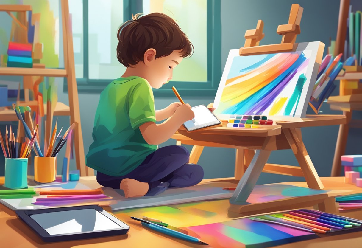 A child sits at a desk with a tablet and stylus, surrounded by colorful digital art tools. A traditional art easel and paintbrushes sit nearby, symbolizing the transition from digital to traditional art