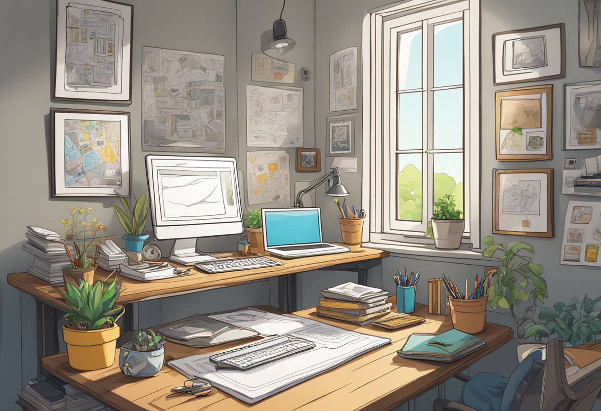 A cluttered desk with a computer, drawing tablet, and sketchbook. Posters of classic cartoons adorn the walls. A window lets in natural light, illuminating the creative space