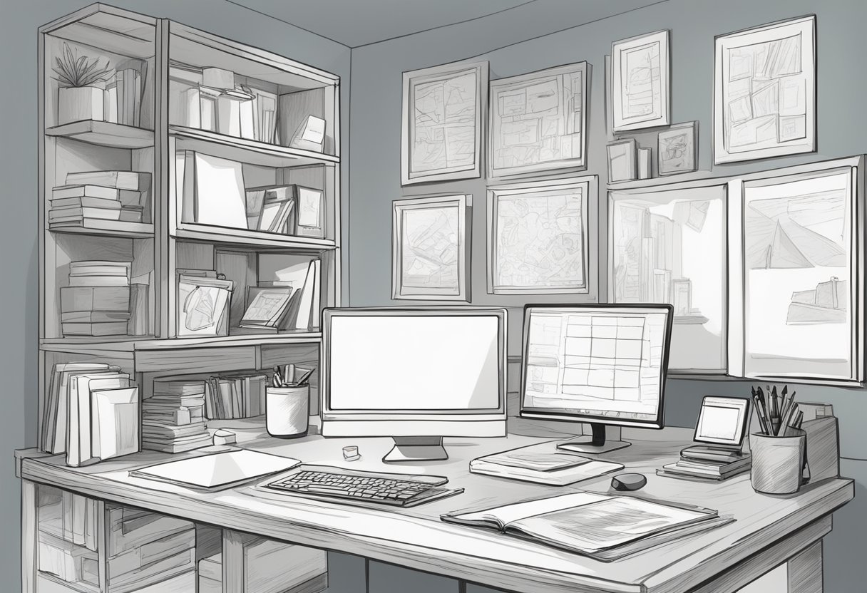 A cluttered desk with a computer, storyboard sketches, and drawing tablet. A lightbox for tracing and shelves of art supplies in the background