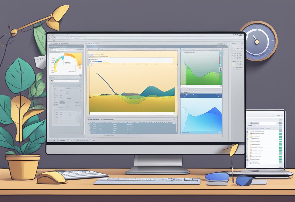 A computer screen displaying a timeline of animated scenes. A mouse cursor hovers over a video clip, while editing tools and software windows are open in the background