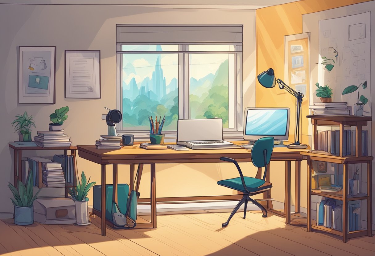 A desk with a computer, drawing tablet, and sketchbook. Posters of famous animated characters on the wall. Awards and certificates displayed. Bright, creative atmosphere