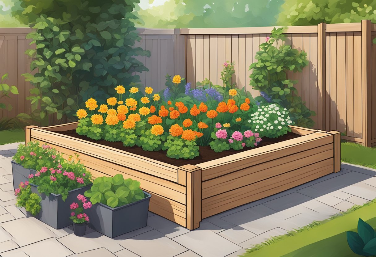 A wooden raised garden bed sits in a backyard, filled with rich soil and surrounded by vibrant green plants and flowers