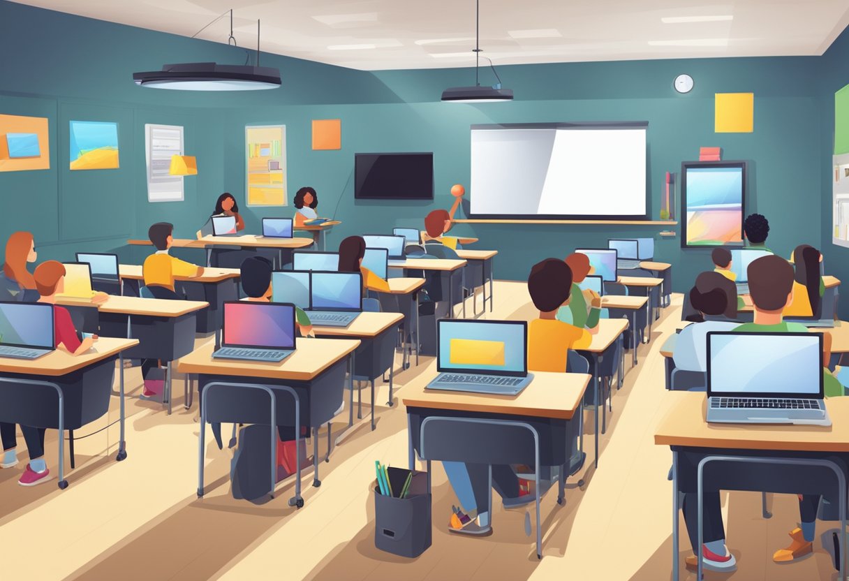 A classroom with computers, tablets, and cameras. Students engaged in editing videos, designing graphics, and recording audio. A teacher providing guidance and support