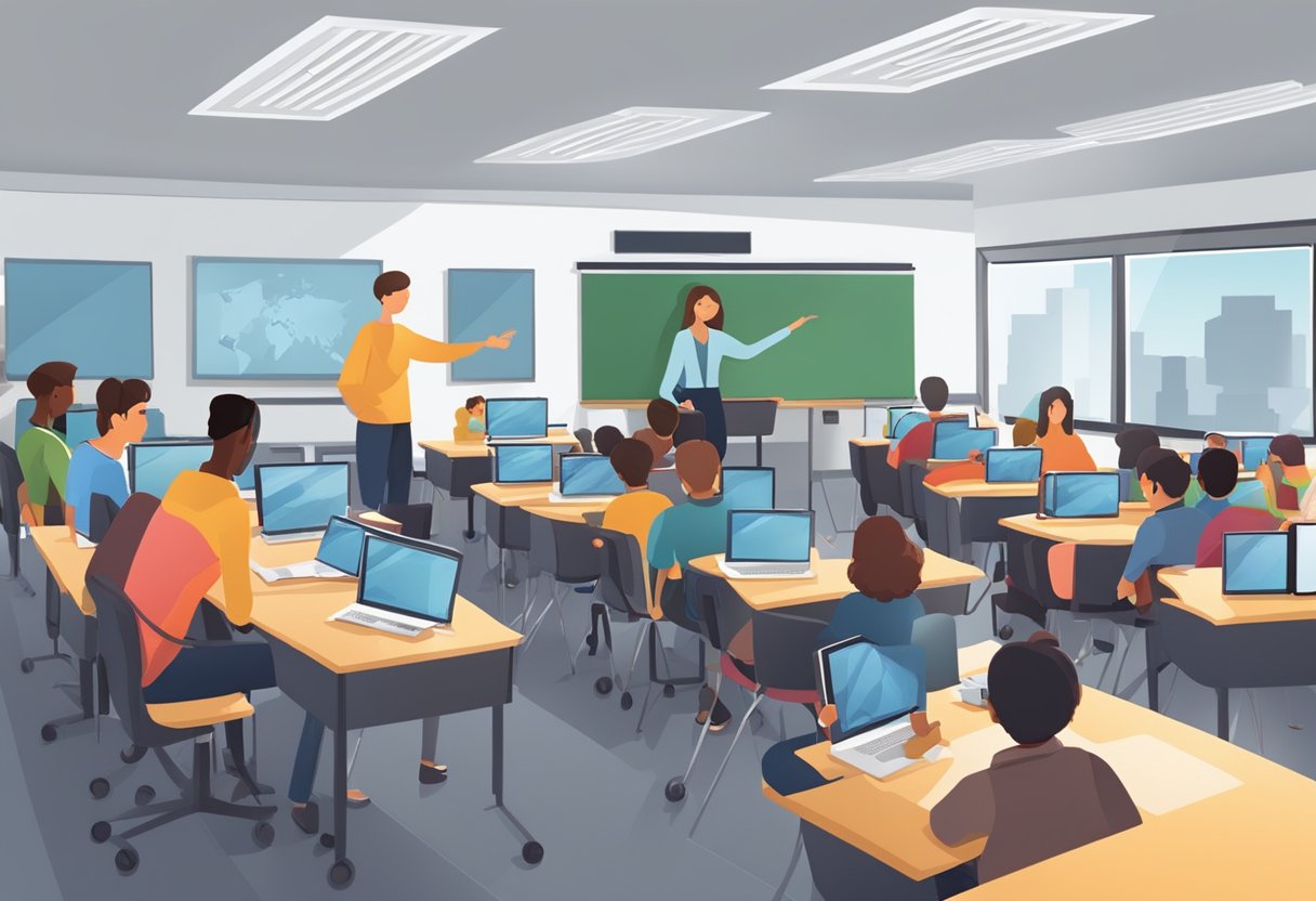 A classroom with students using various multimedia tools, such as computers, tablets, and cameras, while the teacher guides and instructs them