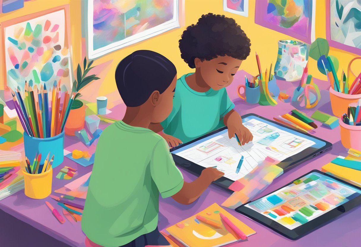 Parent's Guide to Encouraging Digital Creativity at Home: Nurturing Your Child's Tech-Savvy Artistry digital creativity, creativity, art LearningMole A child's hands hover over a tablet, surrounded by art supplies and digital tools. A parent looks on, offering guidance and encouragement. The room is filled with colorful drawings and digital creations