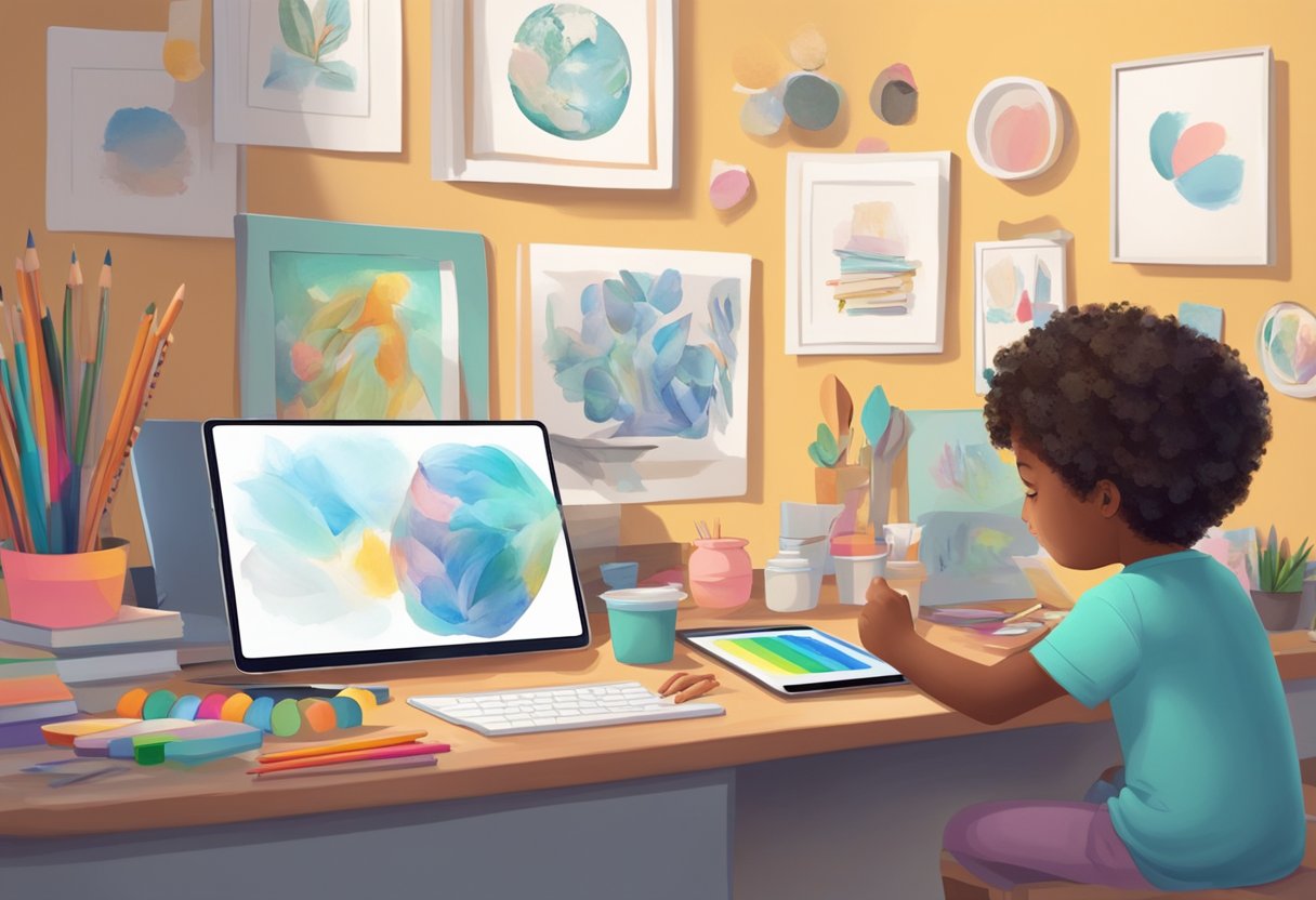 Parent's Guide to Encouraging Digital Creativity at Home: Nurturing Your Child's Tech-Savvy Artistry digital creativity, creativity, art LearningMole A child's hands hold a tablet, surrounded by art supplies and a computer. A parent looks on, smiling, as the child explores digital creativity at home