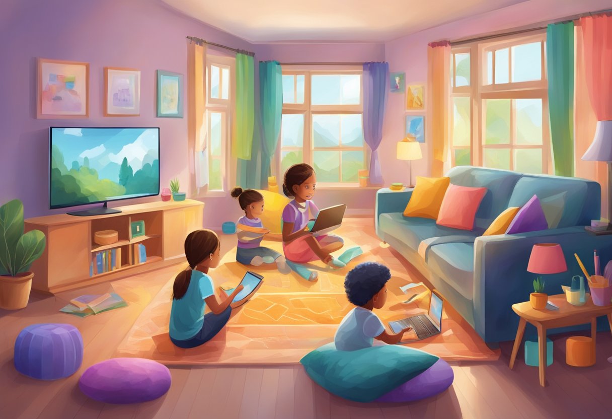 Parent's Guide to Encouraging Digital Creativity at Home: Nurturing Your Child's Tech-Savvy Artistry digital creativity, creativity, art LearningMole A colorful home with children using digital devices for creative learning, while parents guide and encourage their exploration of educational technology