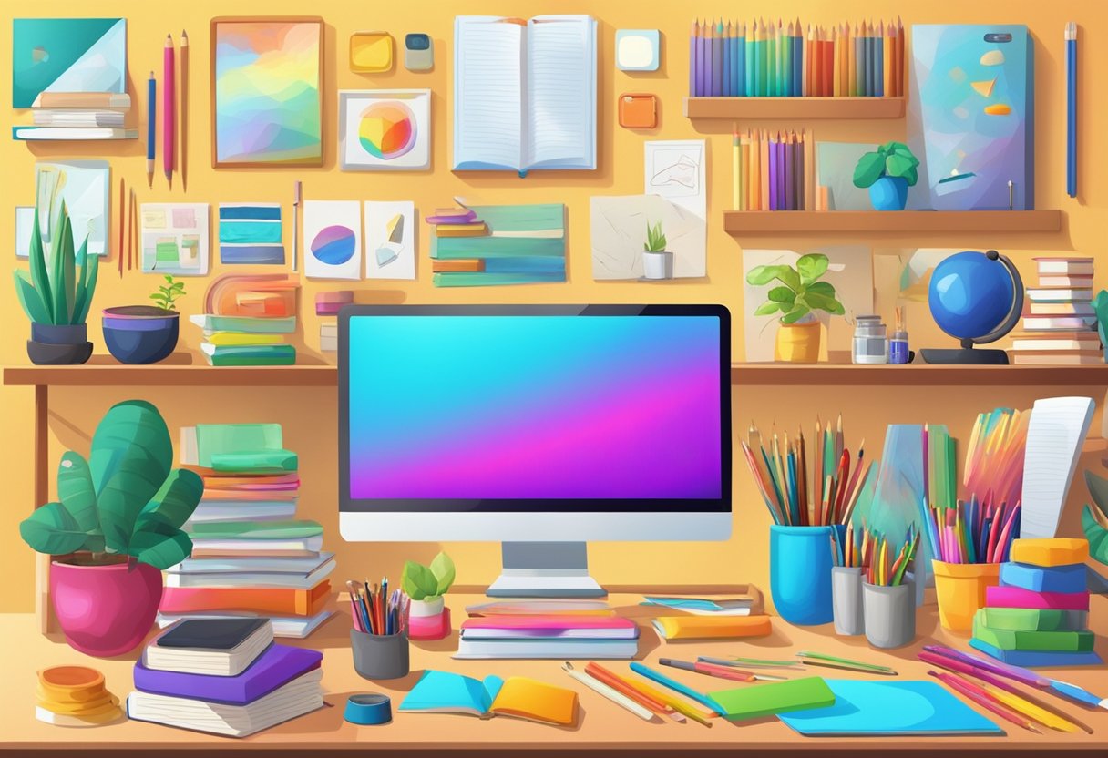 Parent's Guide to Encouraging Digital Creativity at Home: Nurturing Your Child's Tech-Savvy Artistry digital creativity, creativity, art LearningMole A colorful array of art supplies and digital devices fill a bright, organized space, with books on art and science nearby. The scene exudes an atmosphere of creativity and learning