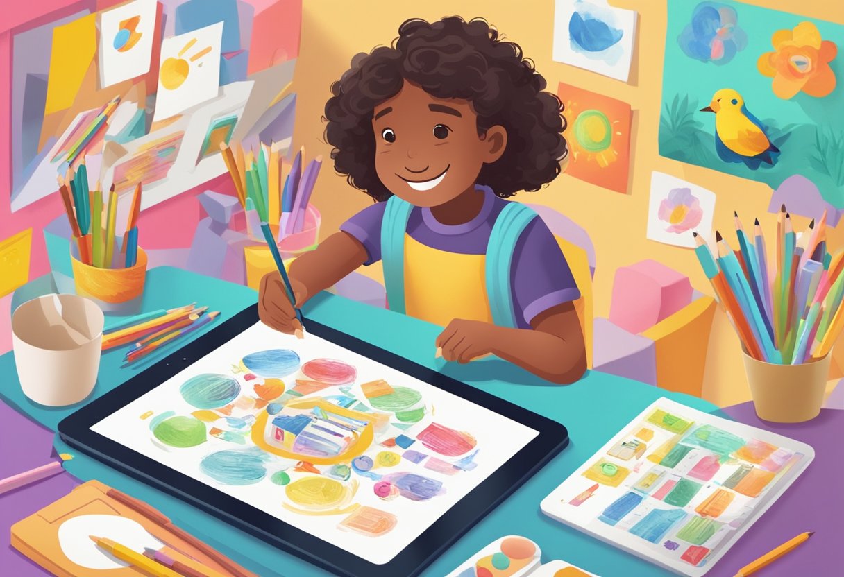 Parent's Guide to Encouraging Digital Creativity at Home: Nurturing Your Child's Tech-Savvy Artistry digital creativity, creativity, art LearningMole A child's hands hold a tablet, surrounded by colorful drawings and words. A parent looks on, smiling, as they engage in a digital creative activity together