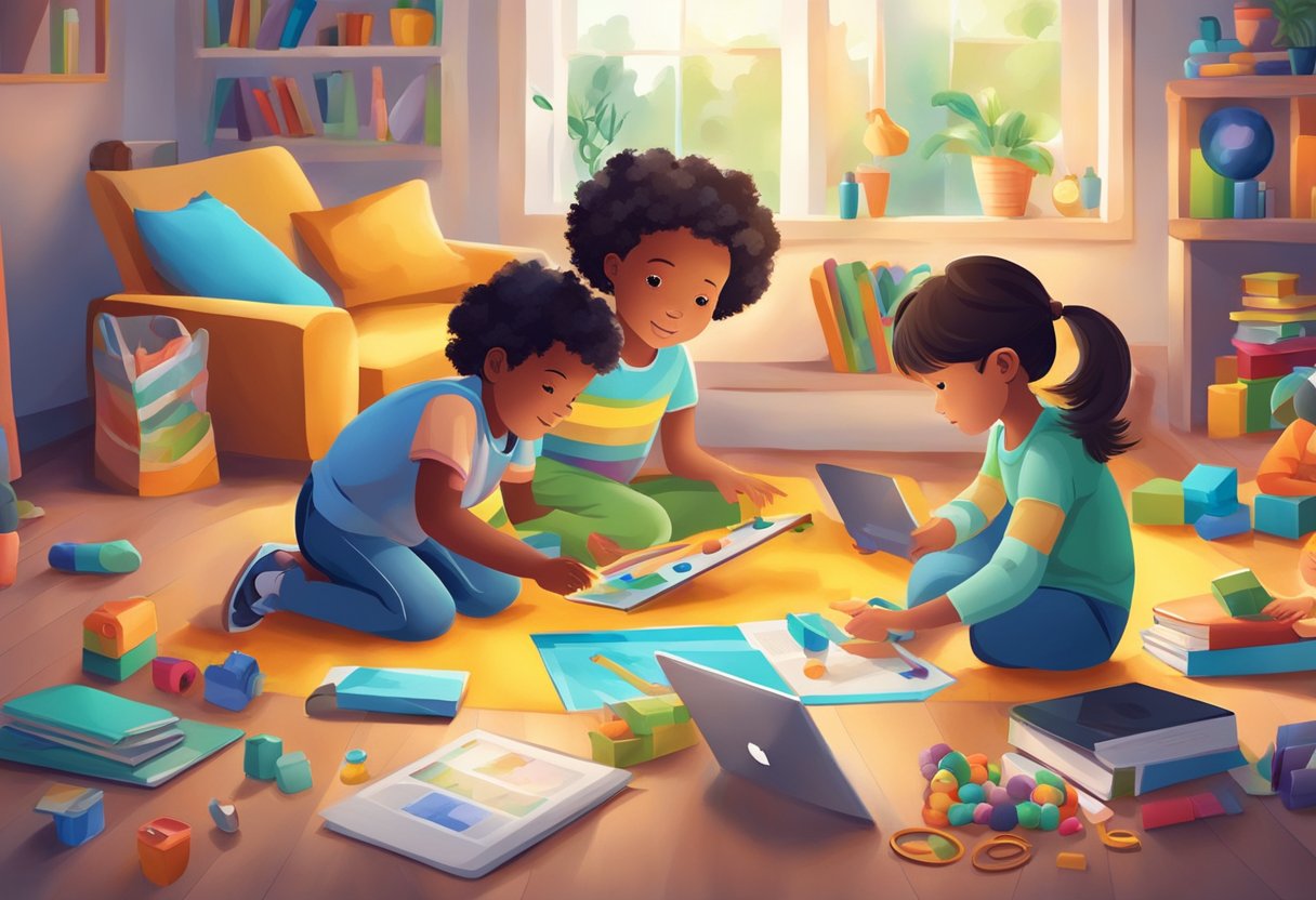 Parent's Guide to Encouraging Digital Creativity at Home: Nurturing Your Child's Tech-Savvy Artistry digital creativity, creativity, art LearningMole Children exploring digital tools with curiosity, surrounded by colorful toys and educational materials, while parents guide and encourage their creativity at home