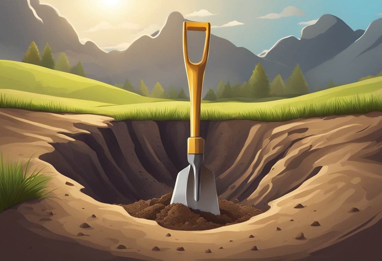 The shovel digs into the earth, turning and breaking up the dirt. Sunlight filters through the clouds, casting shadows on the freshly loosened soil