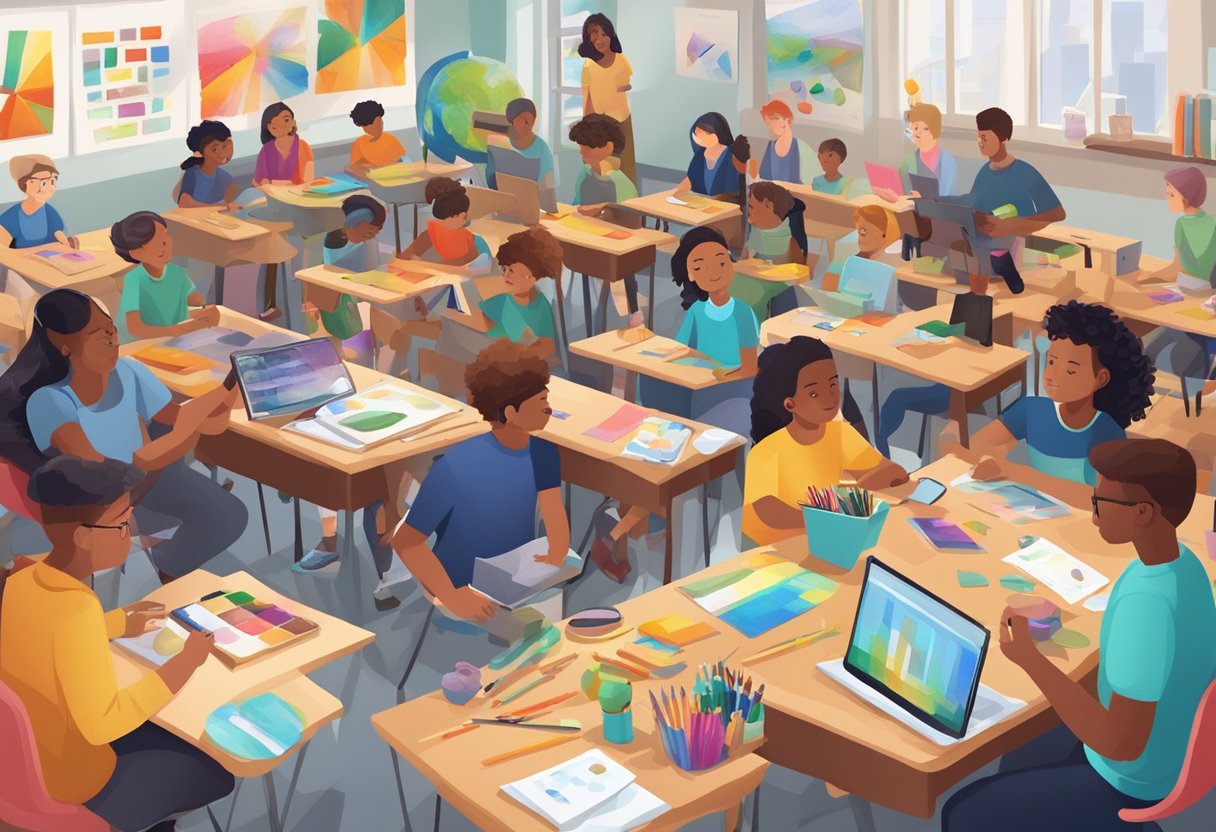 Using Digital Tools to Enhance Art Projects for All Ages: A Guide to Creative Expansion digital tool, art project, artist LearningMole A classroom filled with diverse art supplies and digital tools, surrounded by students of all ages engaged in creative art projects