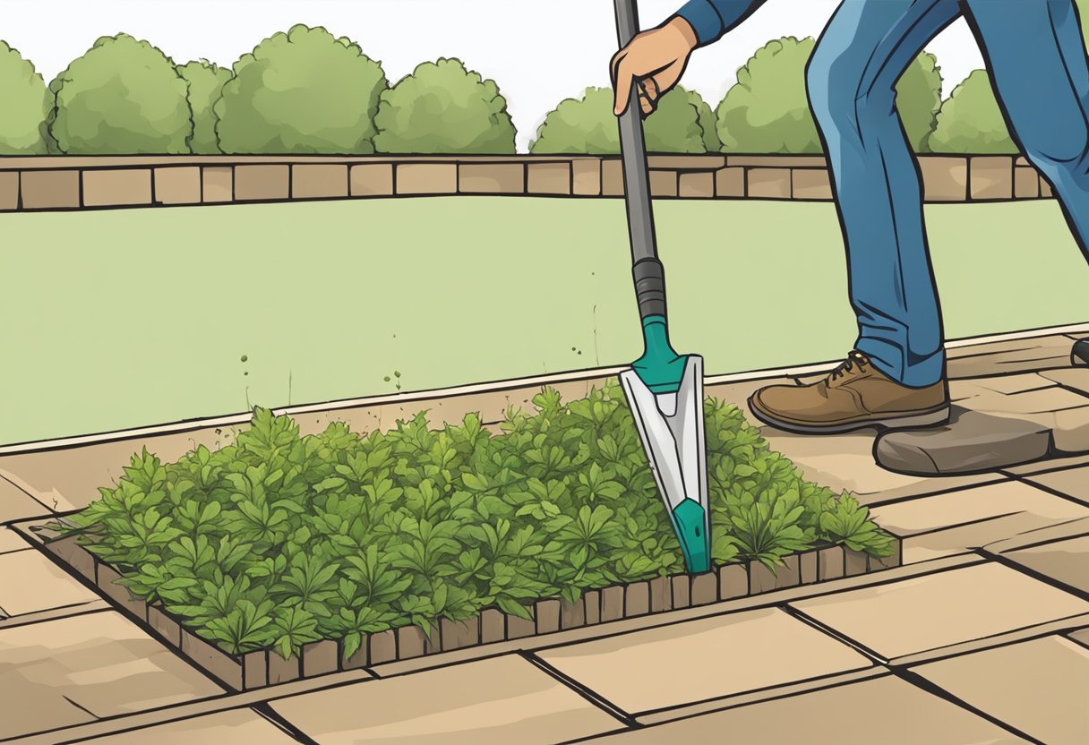 Weeds being pulled from pavers with a hand tool