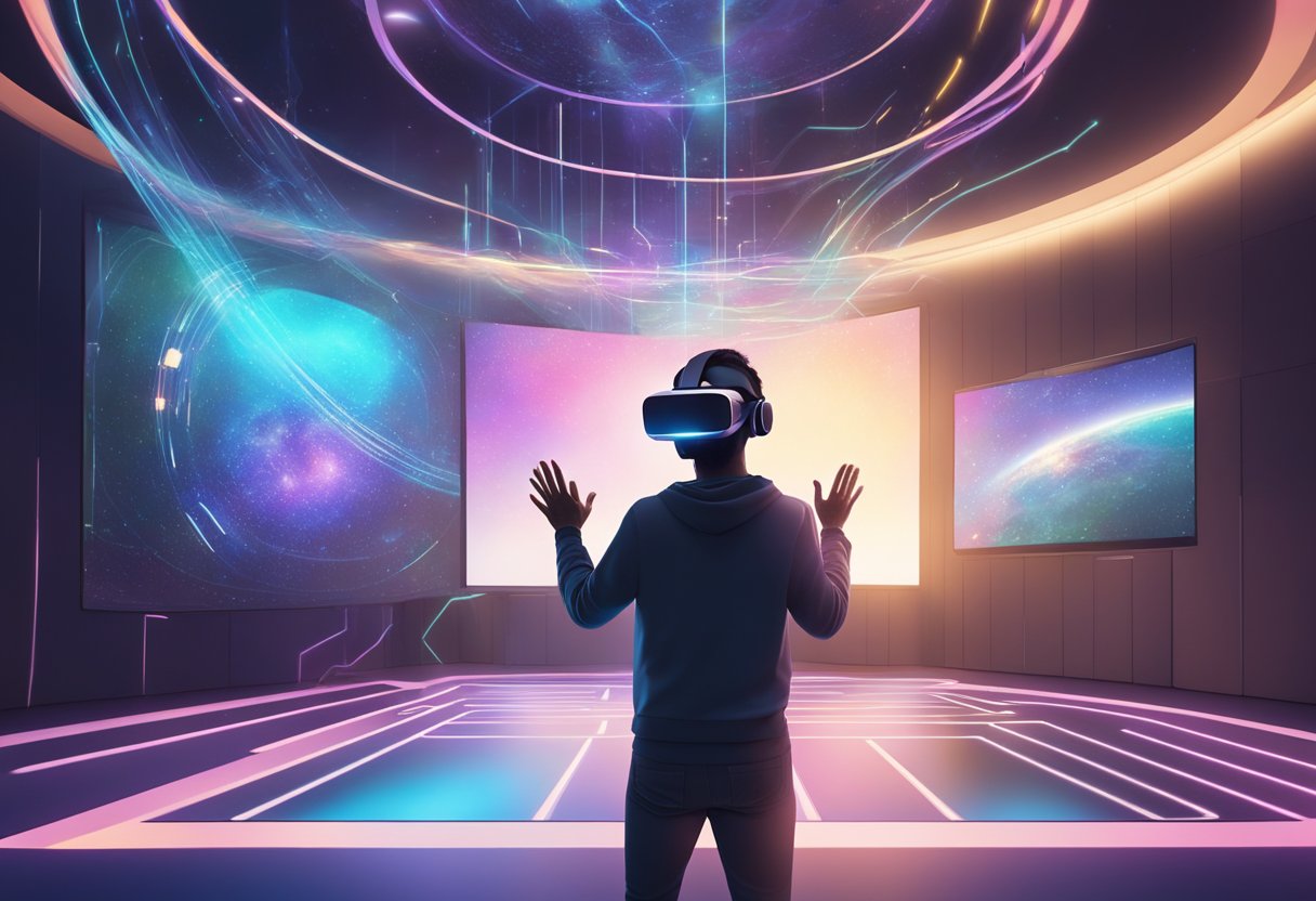 Virtual Reality for Beginners: An Ultimate Guide to Crafting Immersive VR Worlds Virtual Reality LearningMole A person wearing a VR headset sits in a room surrounded by futuristic technology and immersive visuals, reaching out to interact with virtual objects