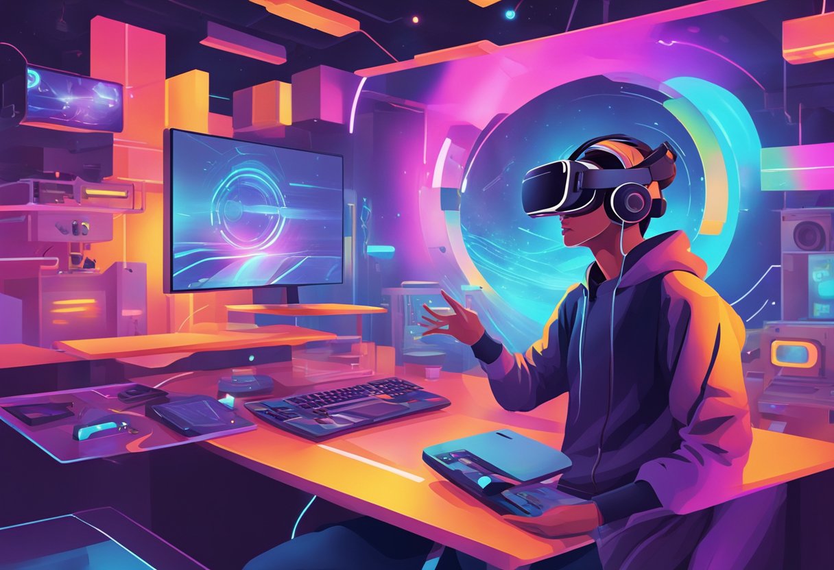 Virtual Reality for Beginners: An Ultimate Guide to Crafting Immersive VR Worlds Virtual Reality LearningMole A person wearing a VR headset, surrounded by a futuristic gaming environment with vibrant colors and interactive elements