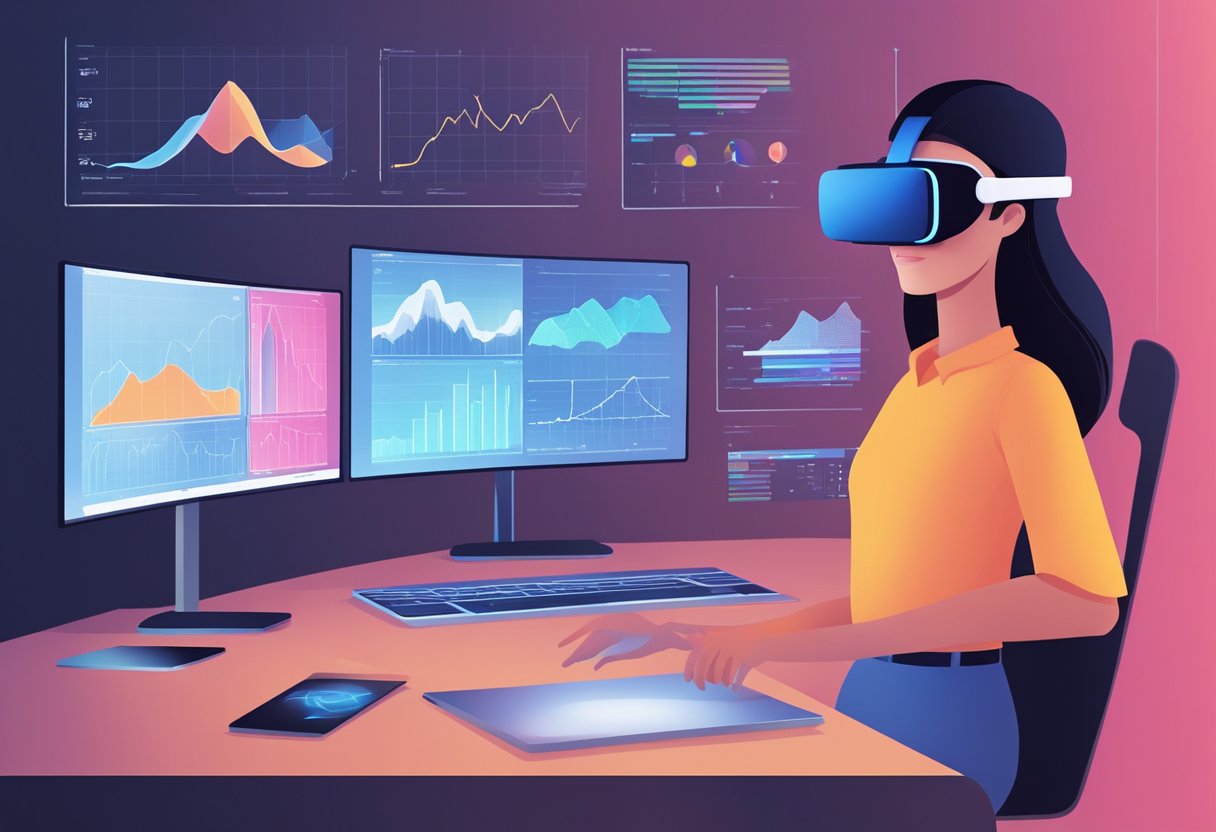 Virtual Reality for Beginners: An Ultimate Guide to Crafting Immersive VR Worlds Virtual Reality LearningMole A person wearing a VR headset explores a virtual environment. Charts and graphs display data, while a computer screen shows VR design software