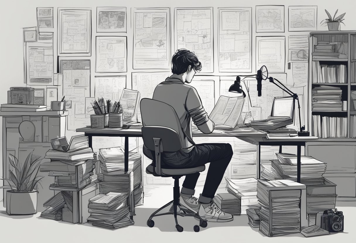 A young filmmaker sits at a cluttered desk, surrounded by storyboards, camera equipment, and notebooks. They are deep in thought, scribbling down ideas for their first short film